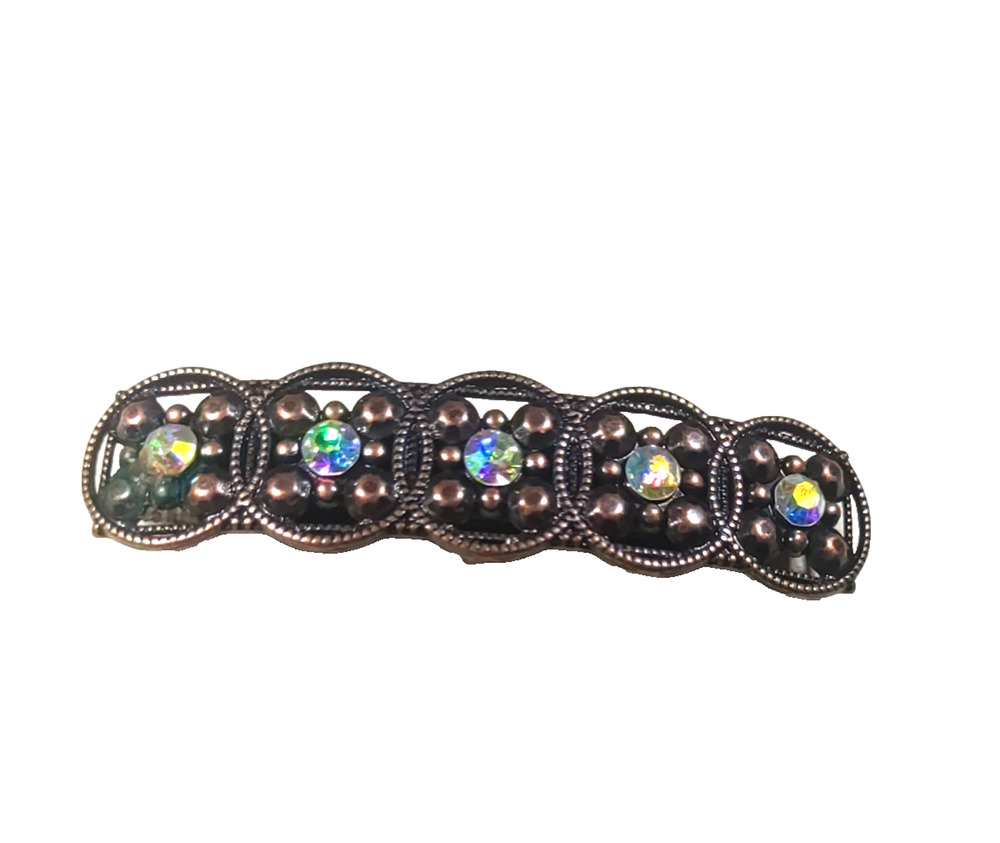 Hair Barrette Tension Clip Copper Tone Iridescent Rhinestone Classic Roman